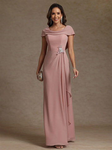 Elegant Cowl Neck Chiffon Floor-Length Split Gown Mother of the Bride Dress With Ruffles