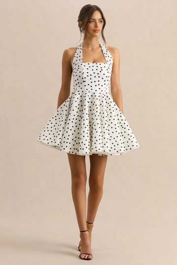 Elegant Fit-and-flare Halter-neck Sleeveless Crepe Mini Polka-dot Cocktail Dress