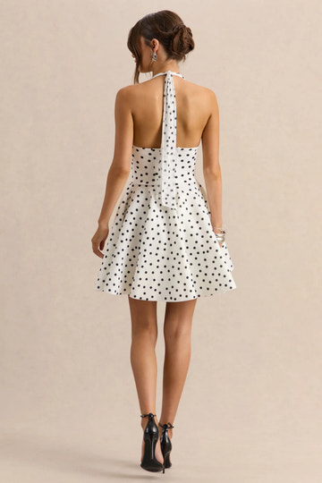 Elegant Fit-and-flare Halter-neck Sleeveless Crepe Mini Polka-dot Cocktail Dress