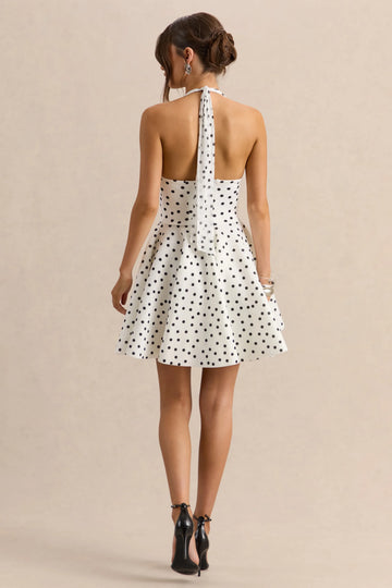 Elegant Fit-and-flare Halter-neck Sleeveless Crepe Mini Polka-dot Cocktail Dress
