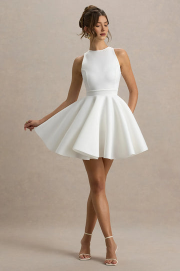 Elegant Fit-and-flare High-neck Sleeveless Crepe Mini Open-back Bow Cocktail Dress