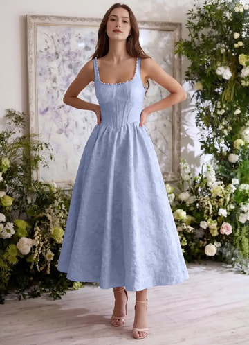 Elegant Fit-and-flare Square-neck Sleeveless Jacquard Cocktail Dress Tea-length Pearl-embellished Corset-back Evening Gown