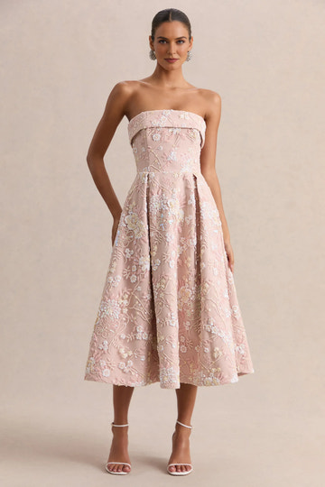 Elegant Fit-and-flare Strapless Sleeveless Mesh Midi Floral-sequin-embroidered Cocktail Dress