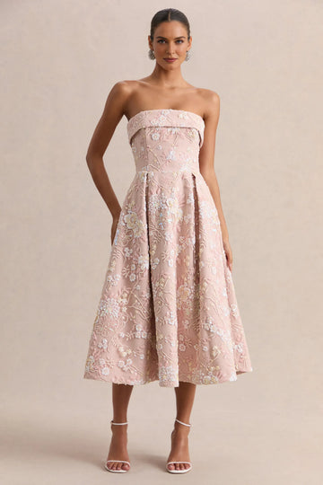 Elegant Fit-and-flare Strapless Sleeveless Mesh Midi Floral-sequin-embroidered Cocktail Dress