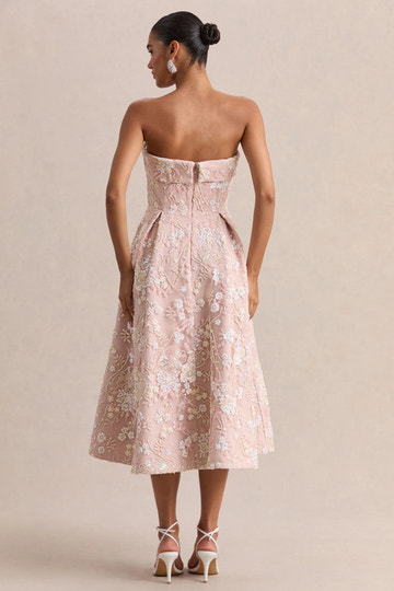 Elegant Fit-and-flare Strapless Sleeveless Mesh Midi Floral-sequin-embroidered Cocktail Dress