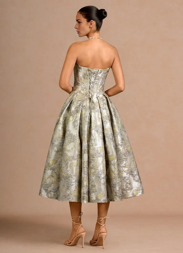 Elegant Fit-and-flare Strapless Sweetheart Sleeveless Metallic-jacquard Cocktail Dress Tea-length Corset-back Evening Gown