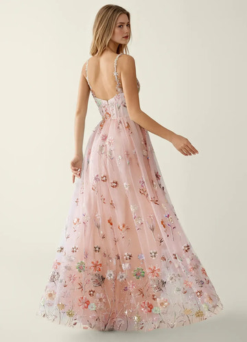Elegant Fit-and-flare Sweetheart Sleeveless Tulle Floor-length Floral-sequin-embroidered Corset-bodice Evening Gown