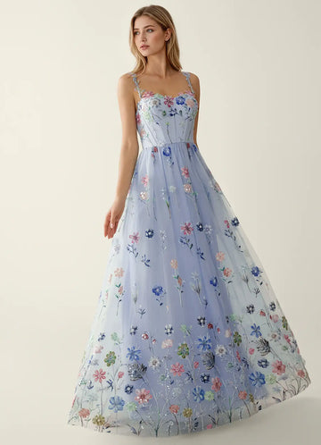 Elegant Fit-and-flare Sweetheart Sleeveless Tulle Floor-length Floral-sequin-embroidered Corset-bodice Evening Gown