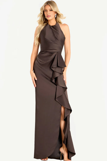 Elegant Fitted Mermaid Halter Satin Maxi Ruffle Evening Gown