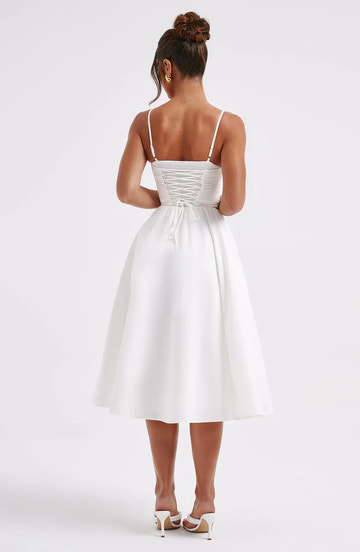 Elegant A-line Sweetheart Satin Midi Corset Flare Dress Tea-Length Evening Dress