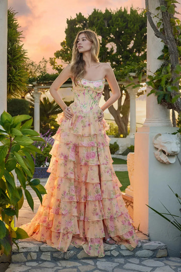 Elegant Floral Print Strapless Corset Bodice Tiered Ruffle Prom Dress Formal Evening Gown