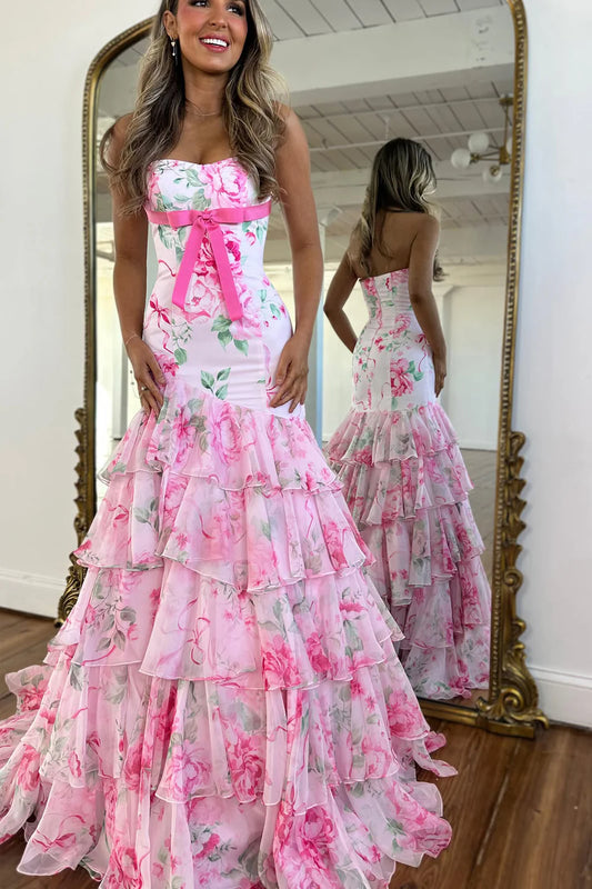 Elegant Floral Mermaid Strapless Bow Ruffle Maxi Dress Chiffon Prom Dress
