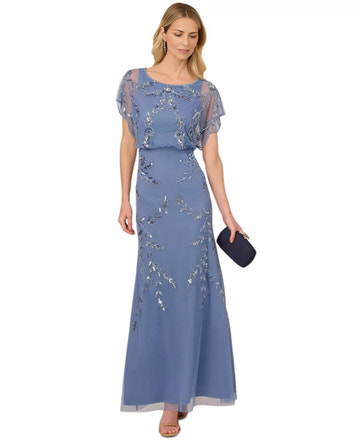 Elegant Beaded Blouson Gown Wedding Guest Dress Flutter-Sleeve Mother of the Bride Dress
