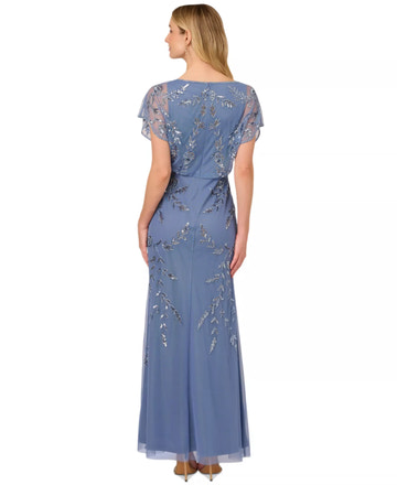 Elegant Beaded Blouson Gown Wedding Guest Dress Flutter-Sleeve Mother of the Bride Dress
