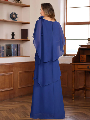 Elegant Flowy Round Neck Chiffon Floor-Length Capelet Gown Mother of the Bride Dress