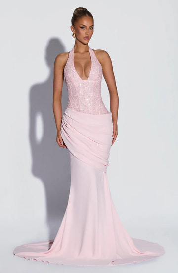 Glamorous Mermaid Halter Corset Beaded Maxi Ruched Evening Gown Formal Prom Dress