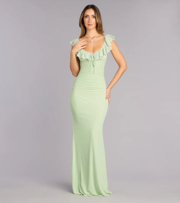 V-neck ruffle formal evening dress with flutter sleeves, ruched waist, and floor-length sheath silhouette