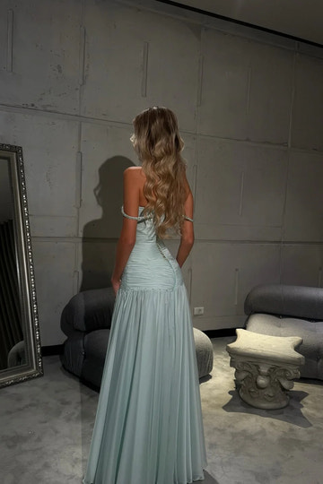 Elegant DropWaist OffTheShoulder ShortSleeve Chiffon FloorLength Beaded Evening Dress