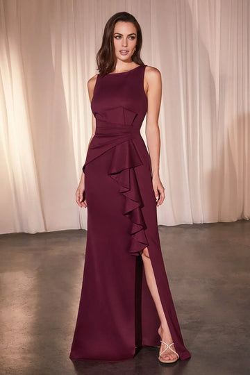 Elegant Mermaid Round-neck Sleeveless Satin Floor-length Ruffled Slit Evening Gown