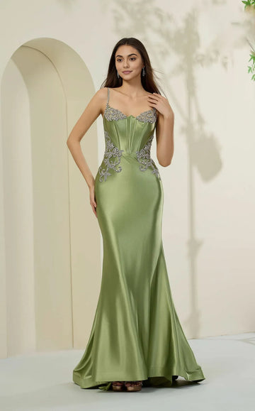 Elegant Mermaid Sleeveless Satin Floor Length Beaded Corset Evening Dress
