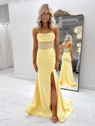 Elegant Mermaid Strapless Sleeveless Satin Long Corset Prom Dress