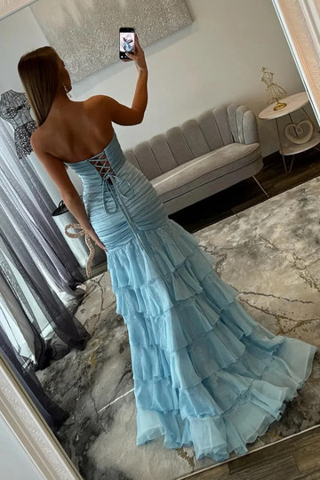 Elegant Mermaid Sweetheart Sleeveless Tulle Long Ruched Slit Lace-up Prom Dress