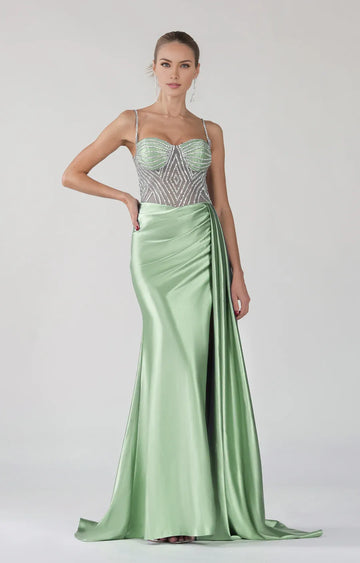 Elegant Mermaid Sweetheart Spaghetti Satin Floor-length Beaded Slit Evening Gown