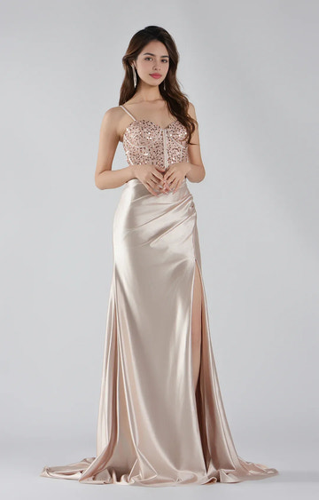 Elegant Mermaid Sweetheart Spaghetti Satin Floor-length Sequin Corset Slit Lace-up Evening Gown