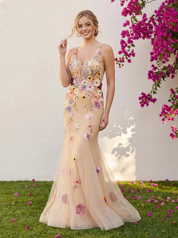 Vedress champagne 3D floral applique spaghetti strap mermaid wedding dress