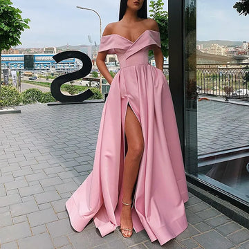 Elegant Maxi Off-Shoulder Sexy Short Sleeve V Neck Ruched Ball Gown High-Slit Evening Dress