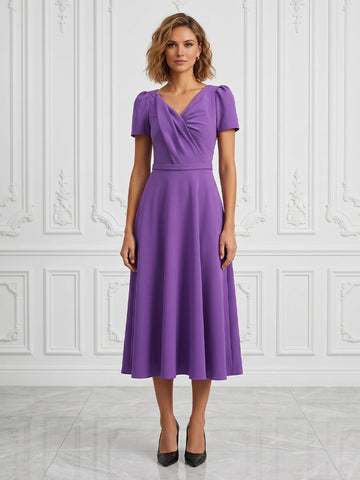 vedress purple a line midi mother of the bride dress v neck puff sleeve crepe formal gown