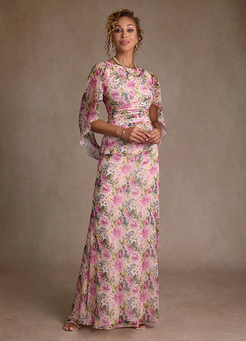 Sheath Round Neck Chiffon Floor-Length Floral Evening Gown Mother of the Bride Dress