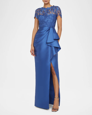 Elegant Sheath Round Neck Lace Satin Mother of the Bride Dress Ruffled Slit Evening Gown