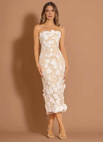 Elegant Sheath Strapless Sleeveless Mesh Midi BackSlit 3DFloral Cocktail Dress