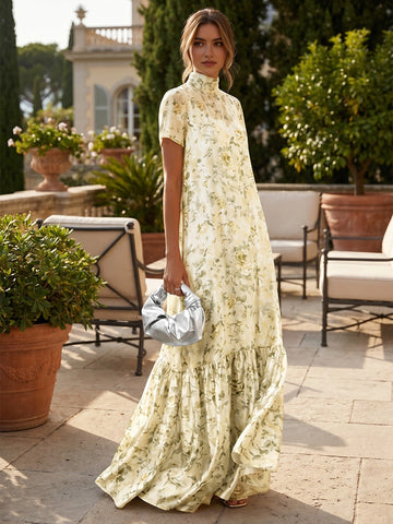 Vedress pale yellow floral satin high neck keyhole‑back shift maxi wedding guest dress front back view