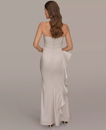 Elegant Strapless Satin Cocktail Dress Mermaid Gown With Ruffle Slit