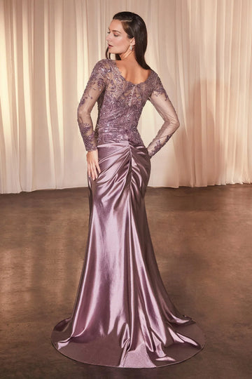 Elegant Trumpet Illusion-Neck Long-Sleeve Satin Sequin Mother of the Bride Dress Evening Gown With Slit