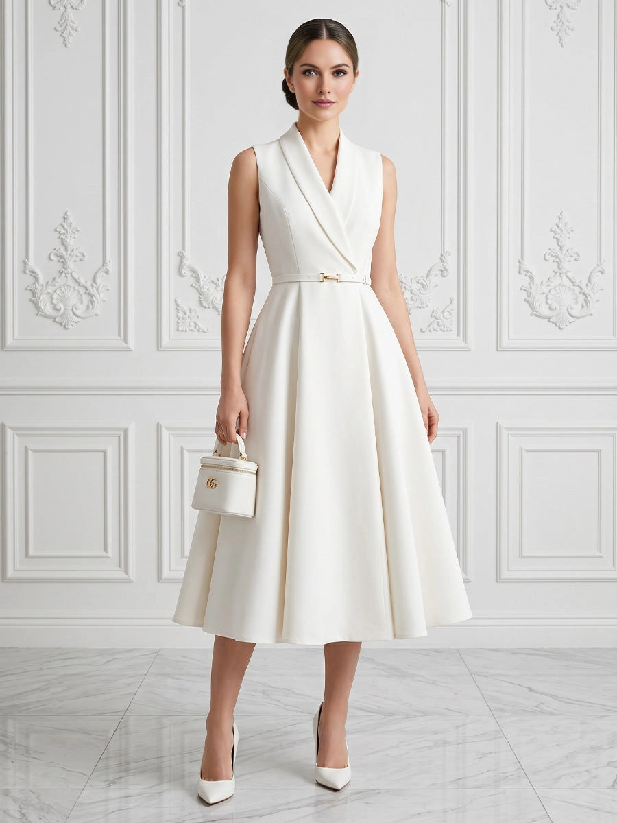 vedress white a line midi mother of the bride dress lapel v neck sleeveless crepe formal gown with belt