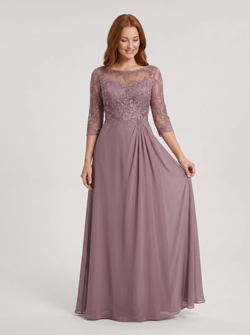 Vedress dusty mauve lace 3/4 sleeve a‑line mother of the bride chiffon long gown