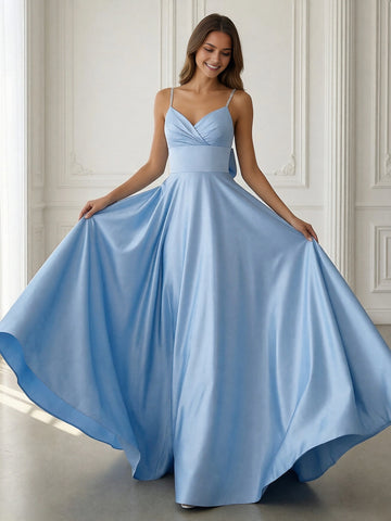 vedress light blue satin a‑line prom dress v neck rhinestone spaghetti strap formal evening gown