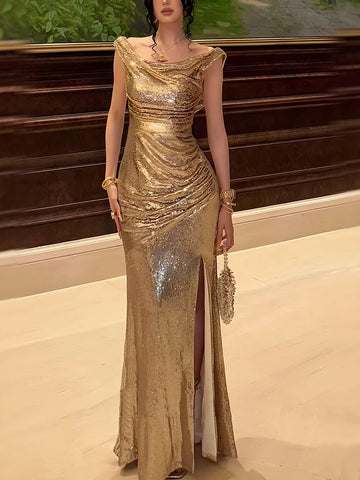 vedress gold sequin mermaid prom dress cowl off shoulder sleeveless high slit formal evening gown