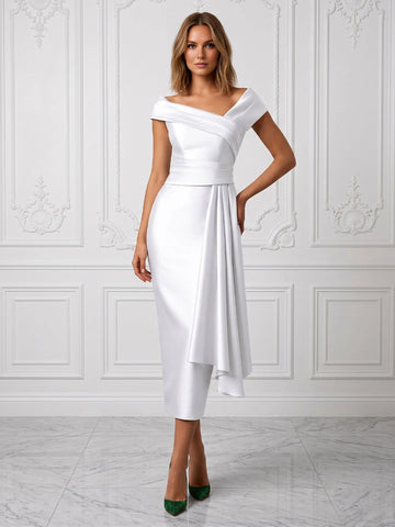 vedress white satin midi mother of the bride dress asymmetric off shoulder draped bodice waist sash gown