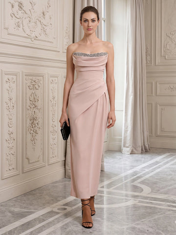 vedress blush plus size mother dress beaded strapless neckline ruched sheath ankle length formal gown