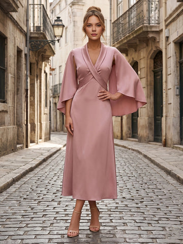 vedress dusty pink satin midi mother of the bride dress sheath v neck cape split sleeve gown