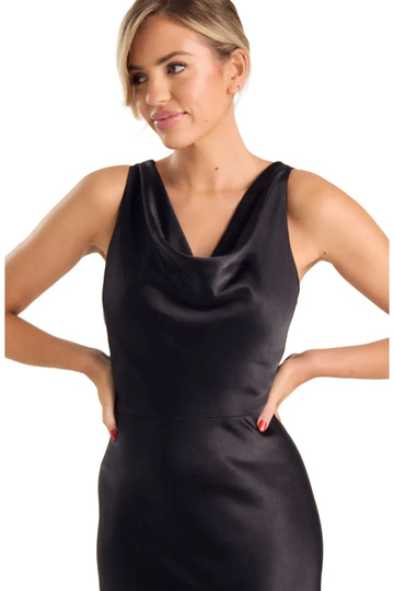 Elegant Fitted Cowl Neck Sleeveless Satin Back Zip Floor-Length Evening Gown