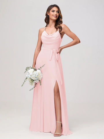 Elegant A-Line Cowl Neck Spaghetti Strap Chiffon Open Back Bridesmaid Dress with Slit