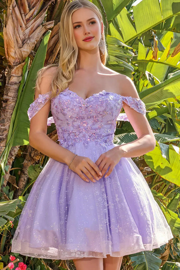 Embellished A-Line Off-The-Shoulder Tulle Homecoming Dress with Lace-Up Back