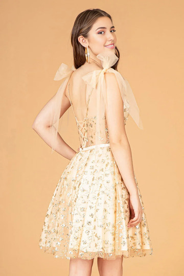 Embellished A-Line V-Neck Tulle Homecoming Dress with Bow Straps