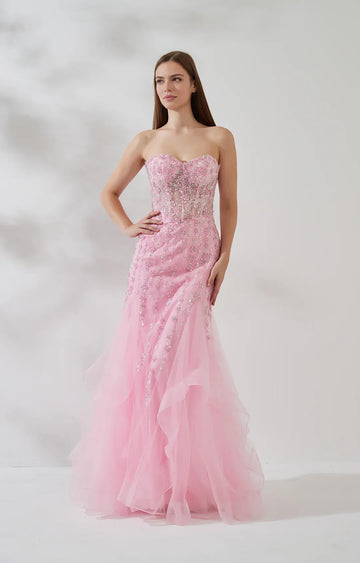Embellished Mermaid Strapless Sleeveless Tulle Floor-Length Beaded Prom Dress