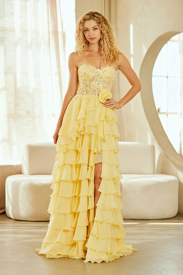 Embellished Ruffled Strapless Chiffon Floor-Length Slit Gown Prom Dress